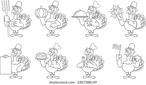 Outlined Pilgrim Turkey Cartoon Character In Diferent Poses. Vector Hand Drawn Collection Set Isolated On Transparent Background