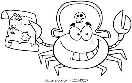 Outlined Pirate Crab Holding A Treasure Map