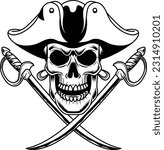 Outlined Pirate Skull With Two Sabres Graphic Logo Design. Vector Hand Drawn Illustration Isolated On Transparent Background