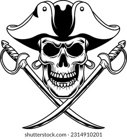 Outlined Pirate Skull With Two Sabres Graphic Logo Design. Vector Hand Drawn Illustration Isolated On Transparent Background