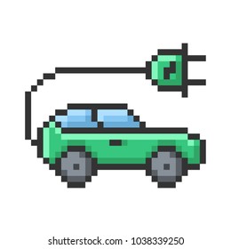Outlined pixel icon of electric car. Fully editable