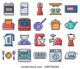 Outlined pixel  icons set of some kitchen utensils and home appliances