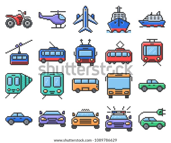 Outlined\
pixel icons set of some transport facilities\
