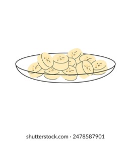 Outlined plate with sliced ​​bananas in doodle hand drawn style. Banana slices sketch
