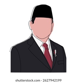 Outlined Portrait with Songkok, Red Tie, and Medal, Stylized Figure with Traditional Headwear and Award