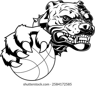Outlined Powerful Bulldog Holding Basketball Sports Mascot Logo Design. Vector Hand Drawn Illustration Isolated On Transparent Background
