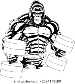 Outlined Powerful Gym Gorilla Holding Dumbbells Sports Mascot Logo Design. Vector Hand Drawn Illustration Isolated On Transparent Background