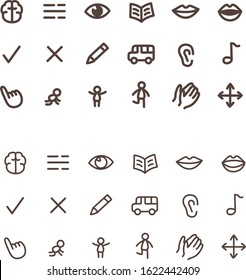 Outlined preschool icons for education - set of icon for read, write, think, speak, sing, watch, point activity