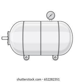 Outlined pressure vessel for water, gas, air. Pressure tank for storage of material, water. Valves, measuring unit, handles. Flatten icon illustration.