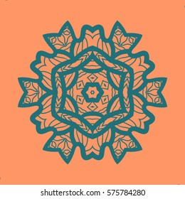 Outlined Print on Orange Color Background. Mandala Flower for Colouring Work Relaxation Adult Zentangle Background. Ornate t-shirt print. New Age Style.