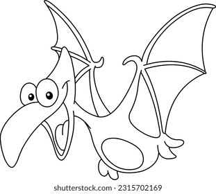 Outlined pterodactyl dinosaur flying, Vector line art illustration coloring page.