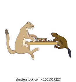 Outlined Puma and Beaver playing chess in Cartoon style, vector illustration on white isolated background for prints on notebooks, postcards using as elements of design for rooms, websites or as icons