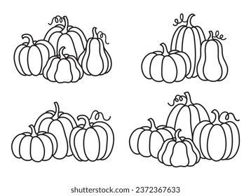 Outlined pumpkins in group of three and four vector illustration. Fall and Thanksgiving pumpkin outline vector drawing.