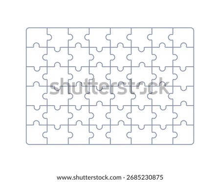 Outlined puzzle grid. Blank jigsaw template with pieces, linear scheme design, empty game board background, contoured mosaic parts isolated on white background flat vector illustration.