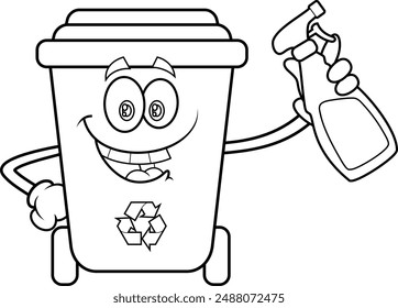 Outlined Recycle Trash Bin Cartoon Character Holding Disinfectant Spray Bottle. Vector Hand Drawn Illustration Isolated On Transparent Background