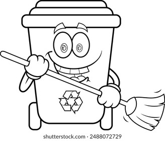 Outlined Recycle Trash Bin Cartoon Character Cleaning With Broom. Vector Hand Drawn Illustration Isolated On Transparent Background