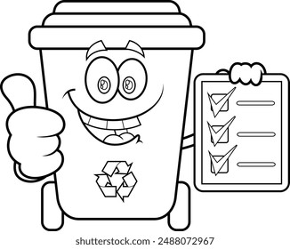 Outlined Recycle Trash Bin Cartoon Character Giving The Thumbs Up And Holding A Clipboard. Vector Hand Drawn Illustration Isolated On Transparent Background