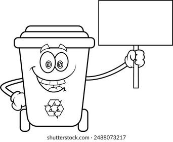 Outlined Recycle Trash Bin Cartoon Character Holding Up A Blank Sign. Vector Hand Drawn Illustration Isolated On Transparent Background