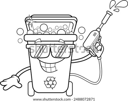 Outlined Recycle Trash Bin Cartoon Character Holding A Washer Gun. Vector Hand Drawn Illustration Isolated On Transparent Background