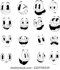 Outlined Retro Cartoon Funny Faces 30s, 50s, 60s Vintage Old Animation Style. Vector Hand Drawn Collection Set Isolated On Transparent Background