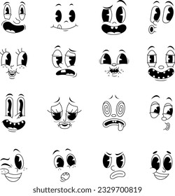 Outlined Retro Cartoon Funny Faces 30s, 50s, 60s Vintage Old Animation Style. Vector Hand Drawn Collection Set Isolated On Transparent Background