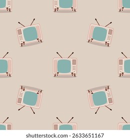 Outlined retro TV pattern with shadows on beige background