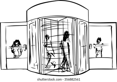 Outlined revolving door entrance with group of people