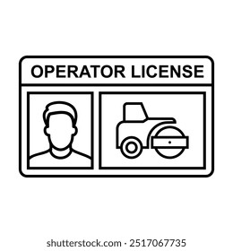 Outlined road roller operator license card vector illustration. Industrial safety management for transport. Authorized driver for operating the vehicle and heavy equipment.