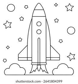 Outlined rocket flying through a starry outer space with planets in a clean cosmic illustration
