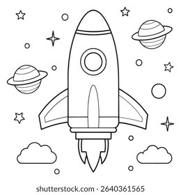 Outlined rocket ship flying into outer space with stars and planets in a clean illustration