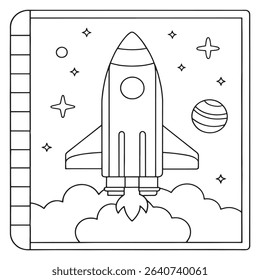 Outlined rocket ship launching into the sky with planets in a simple bold illustration