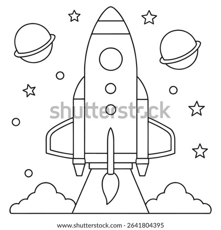Outlined rocket ship soaring through the universe with glowing stars and planets in a space illustration