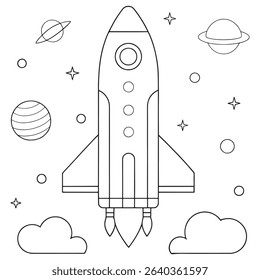 Outlined rocket soaring into the sky surrounded by planets and stars in a space illustration