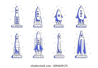 Outlined rockets, spaceships, cosmic shuttles, missiles, rocketships set. Space ships launching, taking off and flying up to cosmos set. Flat vector illustration isolated on white background