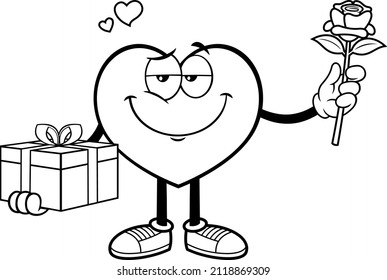 Outlined Romantic Heart Cartoon Character Holding A Gift And Rose. Vector Hand Drawn Illustration Isolated On White Background