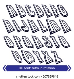 Outlined rotated vector font, monochrome lined letters set.