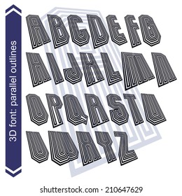 Outlined rotated vector font, monochrome lined letters set.