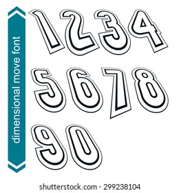 Outlined rotated vector numeration, monochrome lined numbers set.