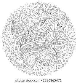 outlined round ornament for coloring book. black and white abstract floral pattern. coloring page for adult