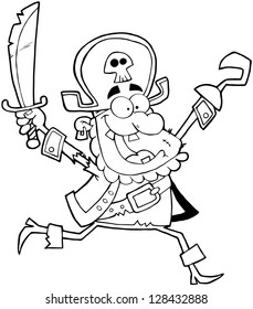 Outlined Running Pirate Holding Up A Sword And Hook