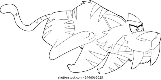 Outlined Saber Tooth Tiger Animal Cartoon Character Running. Vector Hand Drawn Illustration Isolated On Transparent Background