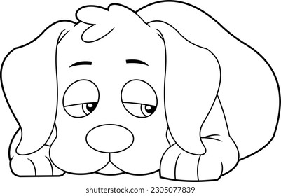 Outlined Sad Dog Cartoon Character Lying. Vector Hand Drawn Illustration Isolated On Transparent Background