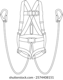 Outlined safety harness with two lanyard, hook, and absorber. Personal protective equipment and gear for working at height to prevent falling.