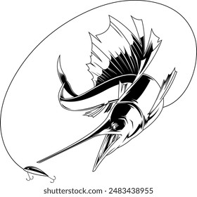 Outlined Sailfish Catching The Fishing Lure Graphic Design. Vector Hand Drawn Illustration Isolated On Transparent Background