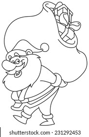 Outlined Santa Claus carrying a big gifts sack on his back. Vector illustration coloring page.