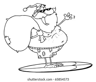 Outlined Santa Claus Carrying His Sack While Surfing