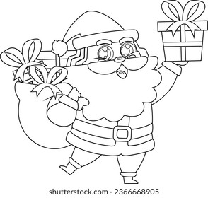 Outlined Santa Claus Cartoon Character Holding Up A Gift Box. Vector Hand Drawn Illustration Isolated On Transparent Background
