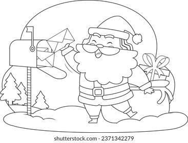 Outlined Santa Claus Cartoon Character Takes Letters From Mail Box. Vector Hand Drawn Illustration Isolated On Transparent Background