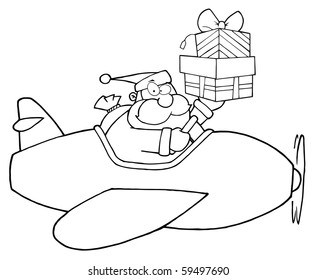 Outlined Santa Claus Holding Up A Stack His Christmas Plane
