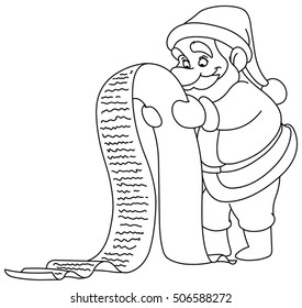 Outlined Santa Claus reading a long Christmas wish list. Vector illustration coloring page.